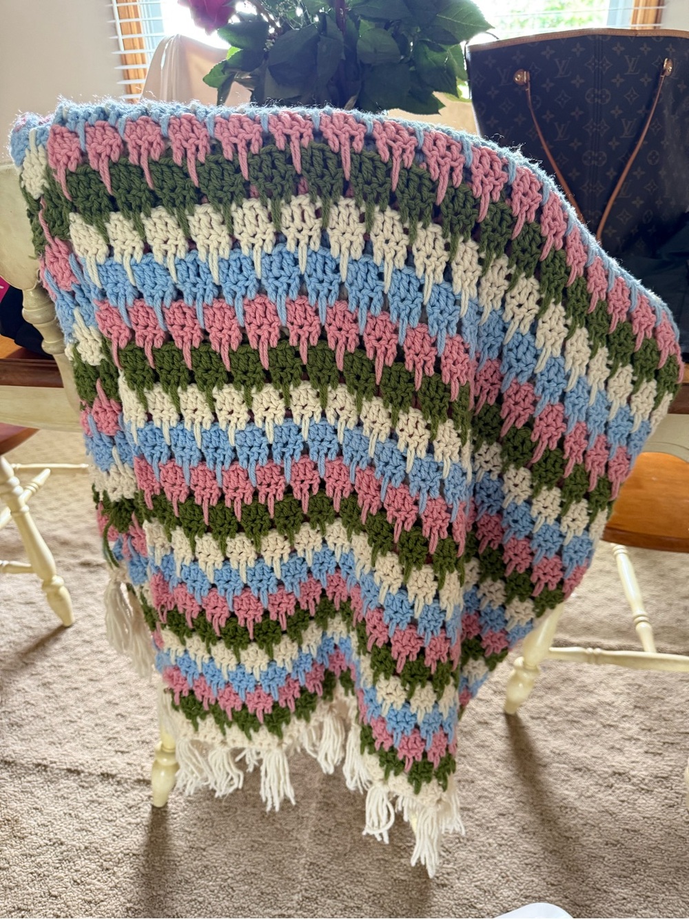 Vintage Handmade Crochet Throw Blanket in Pink, Blue, Green & Cream
